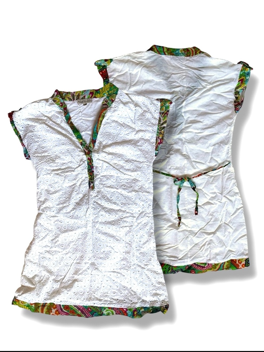 White Eyelet Tunic with Multicolor Trim size M cute! Beach coverup summer fun.